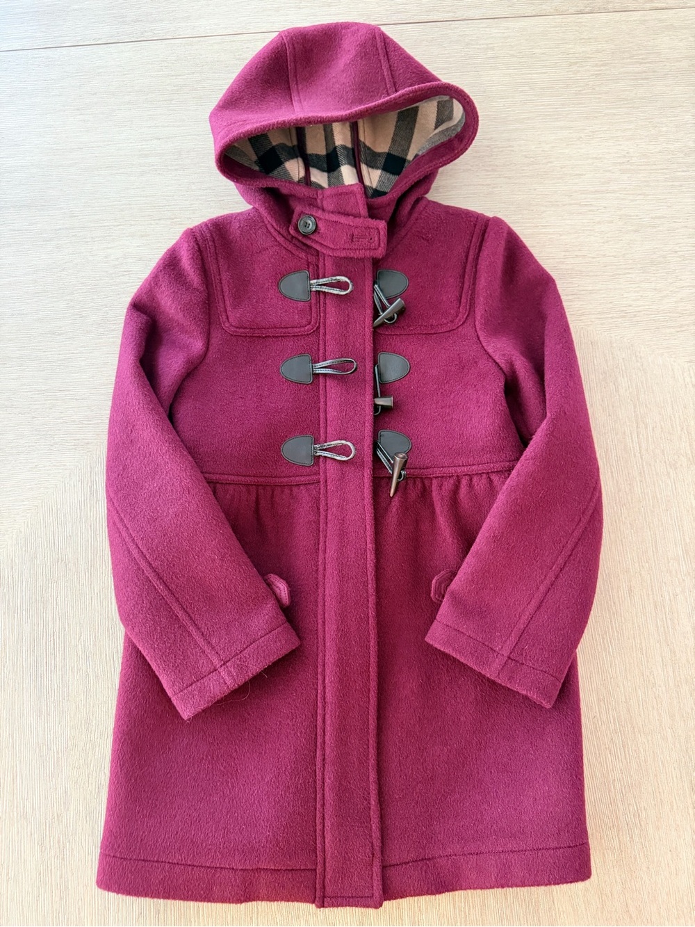 Burberry Girls' Duffel Hooded Coat in Deep Burgundy 100% Wool Sz10